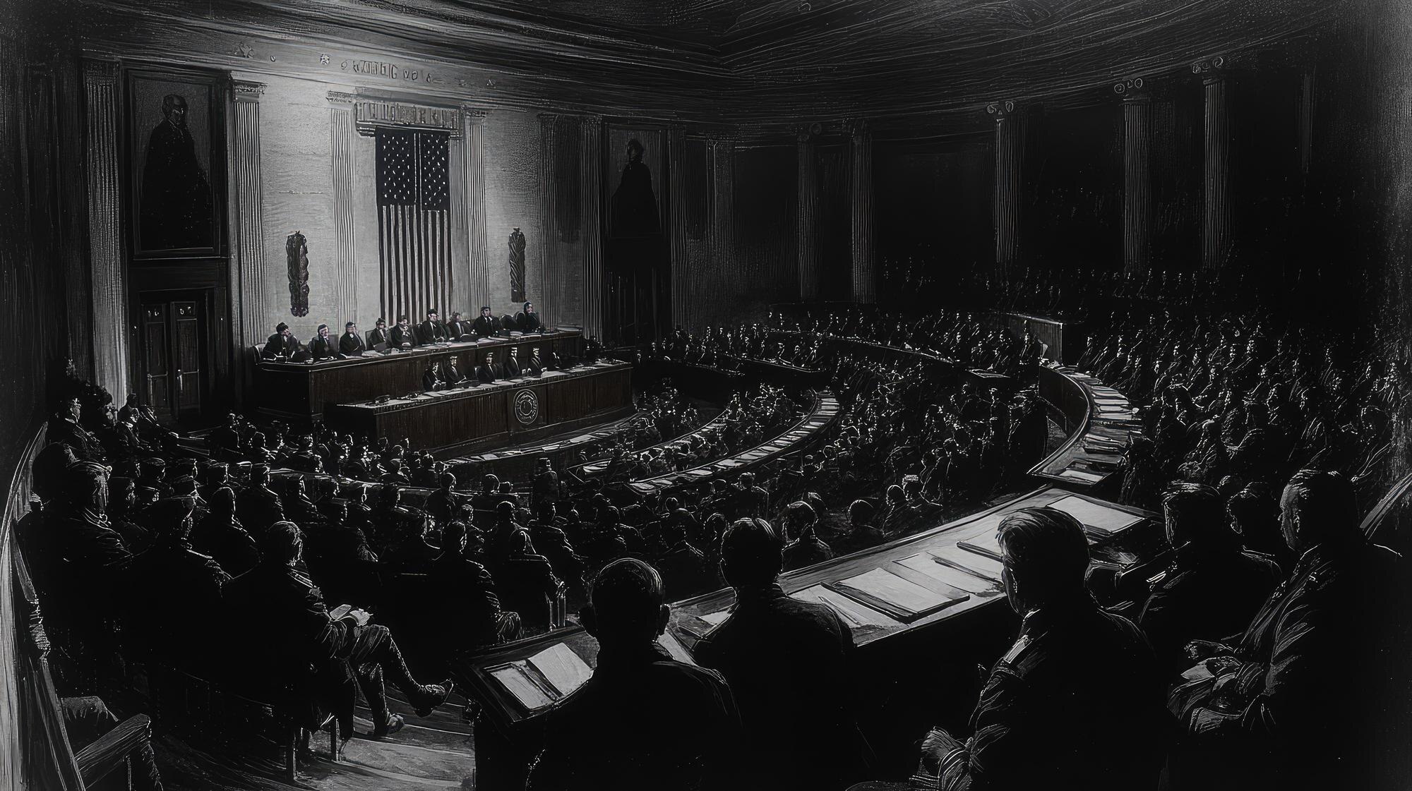 Black-and-white view of a crowded legislative chamber with curved rows of seats and a large American flag.