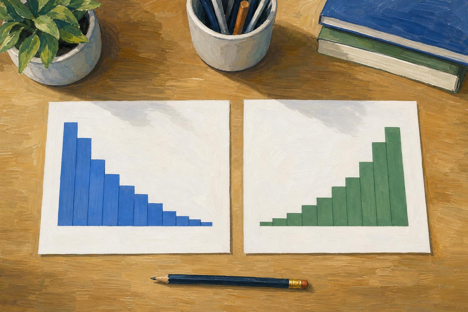 Illustration of two printed histograms on a desk with long tails extending in opposite directions.
