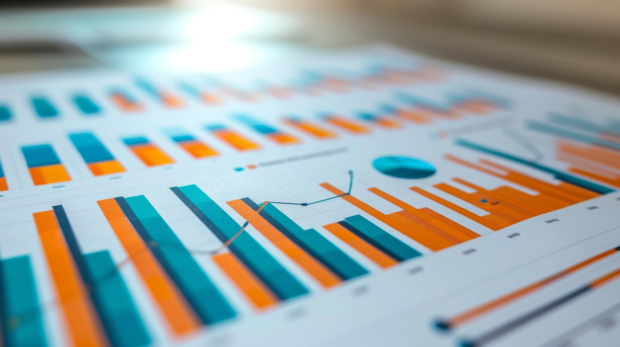 Close-up of printed charts with orange and teal bars, line graphs and pie charts on a desk.