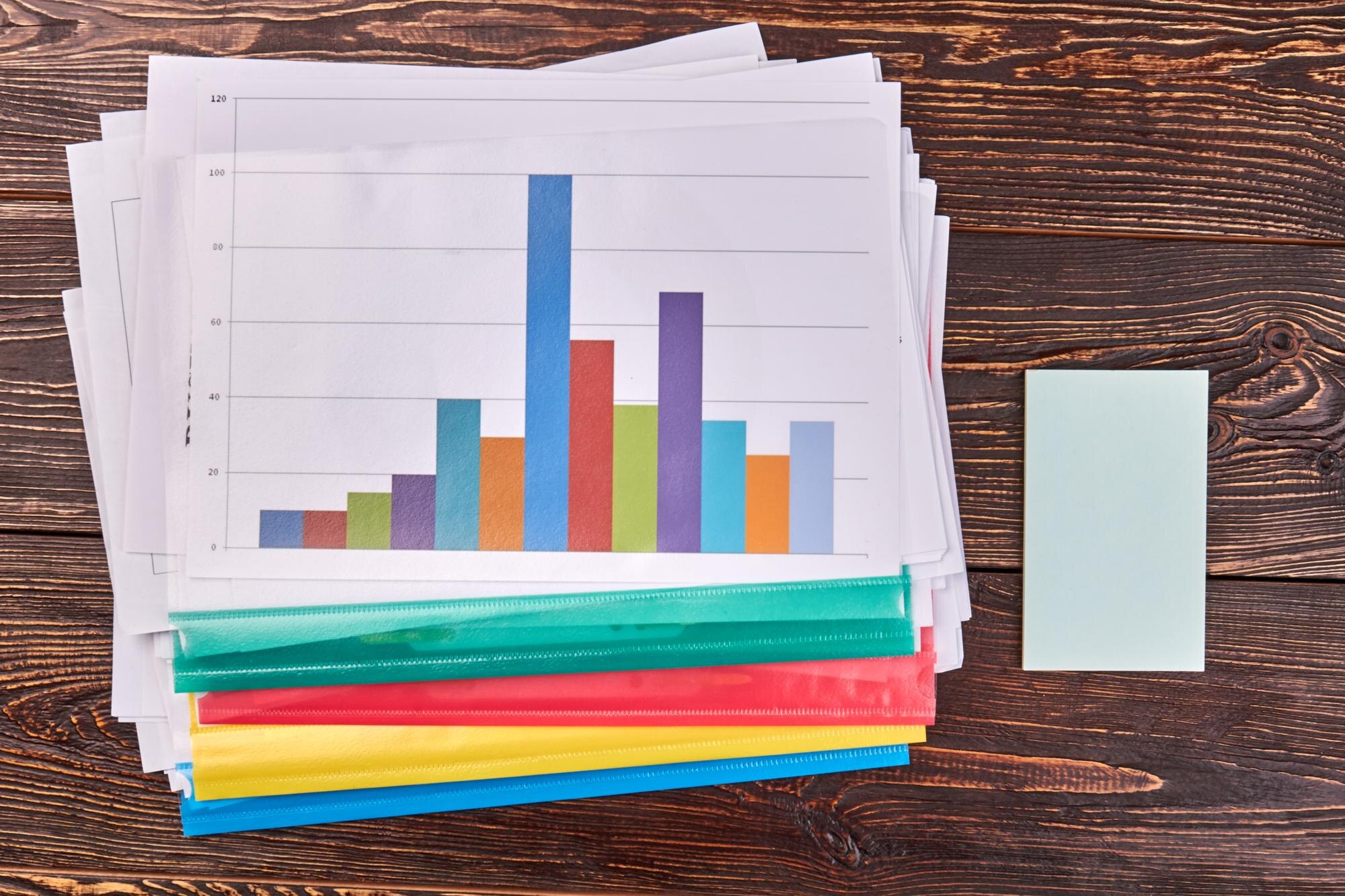 Printed chart with adjoining multicolored bars on a wooden desk beside colorful folders and a blank note.