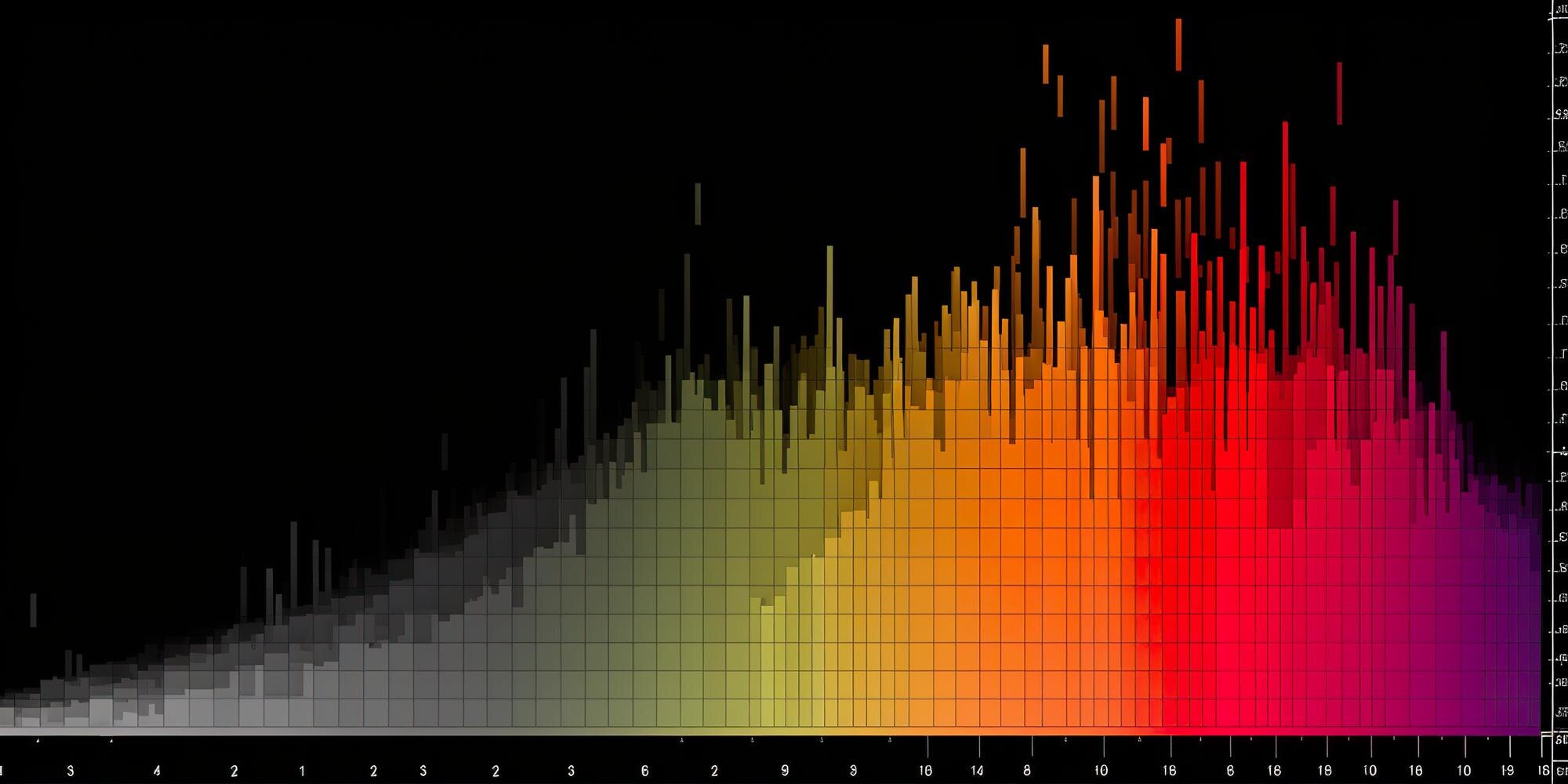 Multicolored histogram with tightly packed bars rising from a black background.
