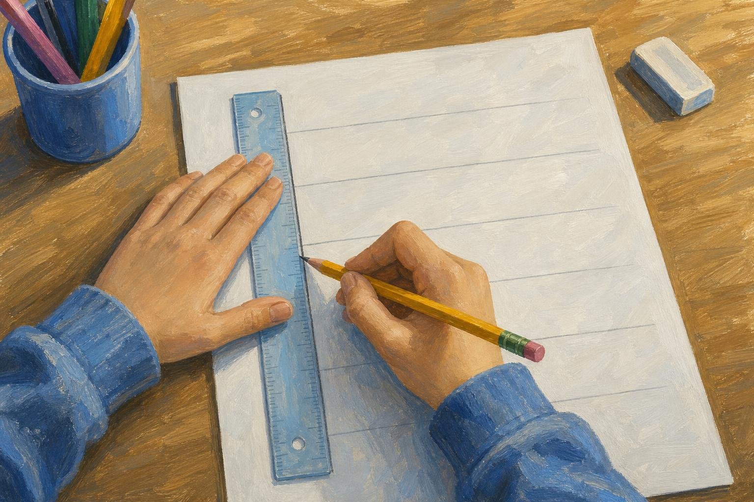 Illustration of hands drawing a blank stem-and-leaf plot template with a pencil and ruler on a classroom desk.