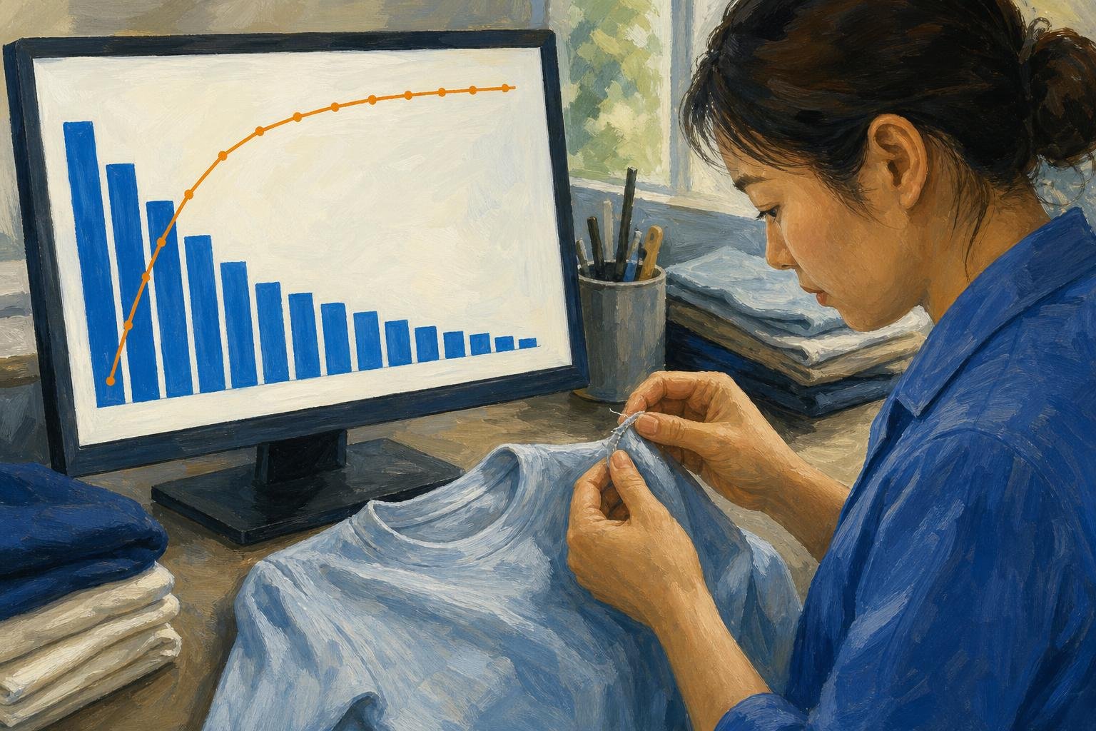 Illustration of a descending bar chart with a rising cumulative line on a monitor beside a worker inspecting a shirt.