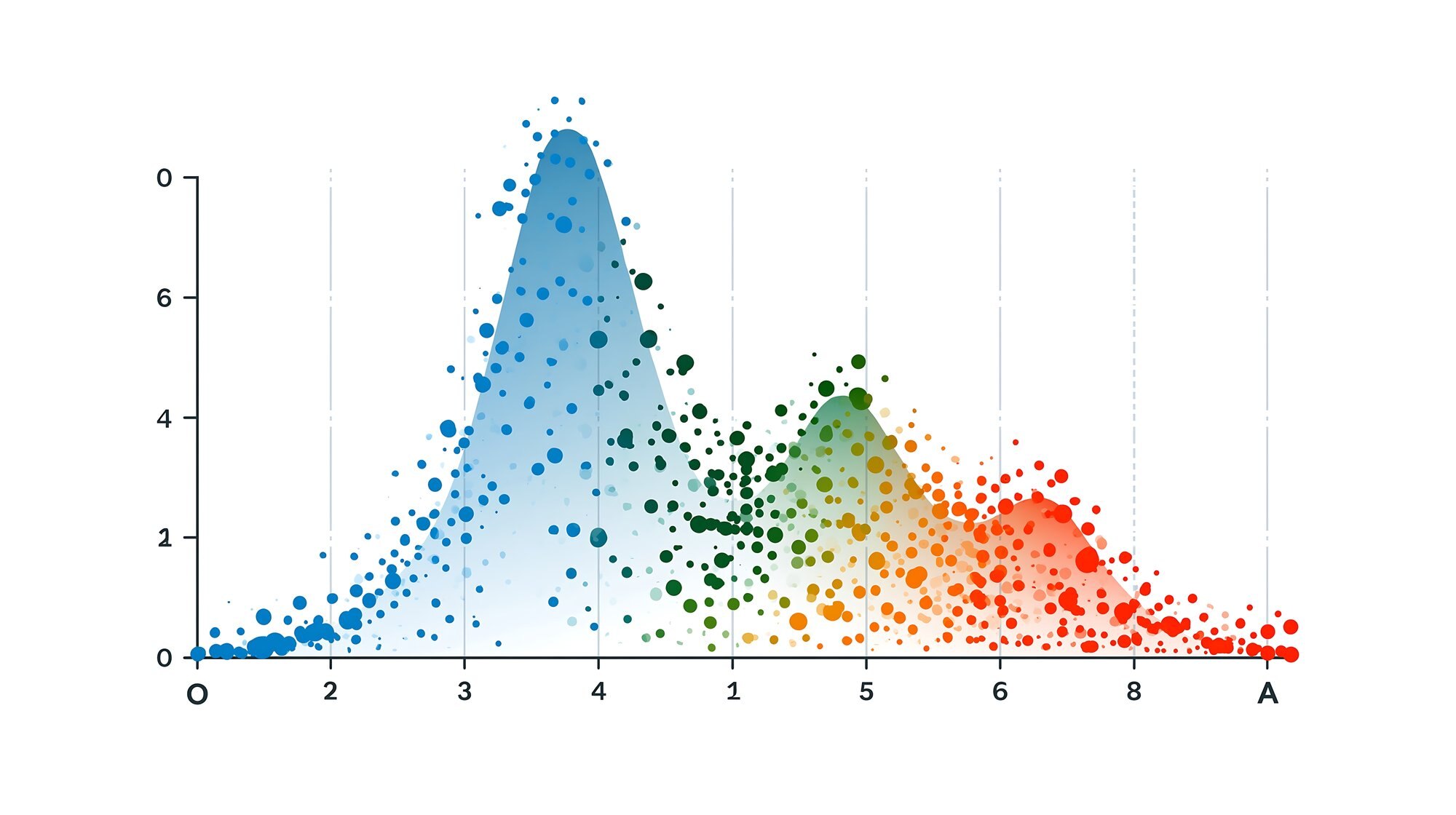 Colored dots and shaded distribution curves form several peaks on a numbered graph.