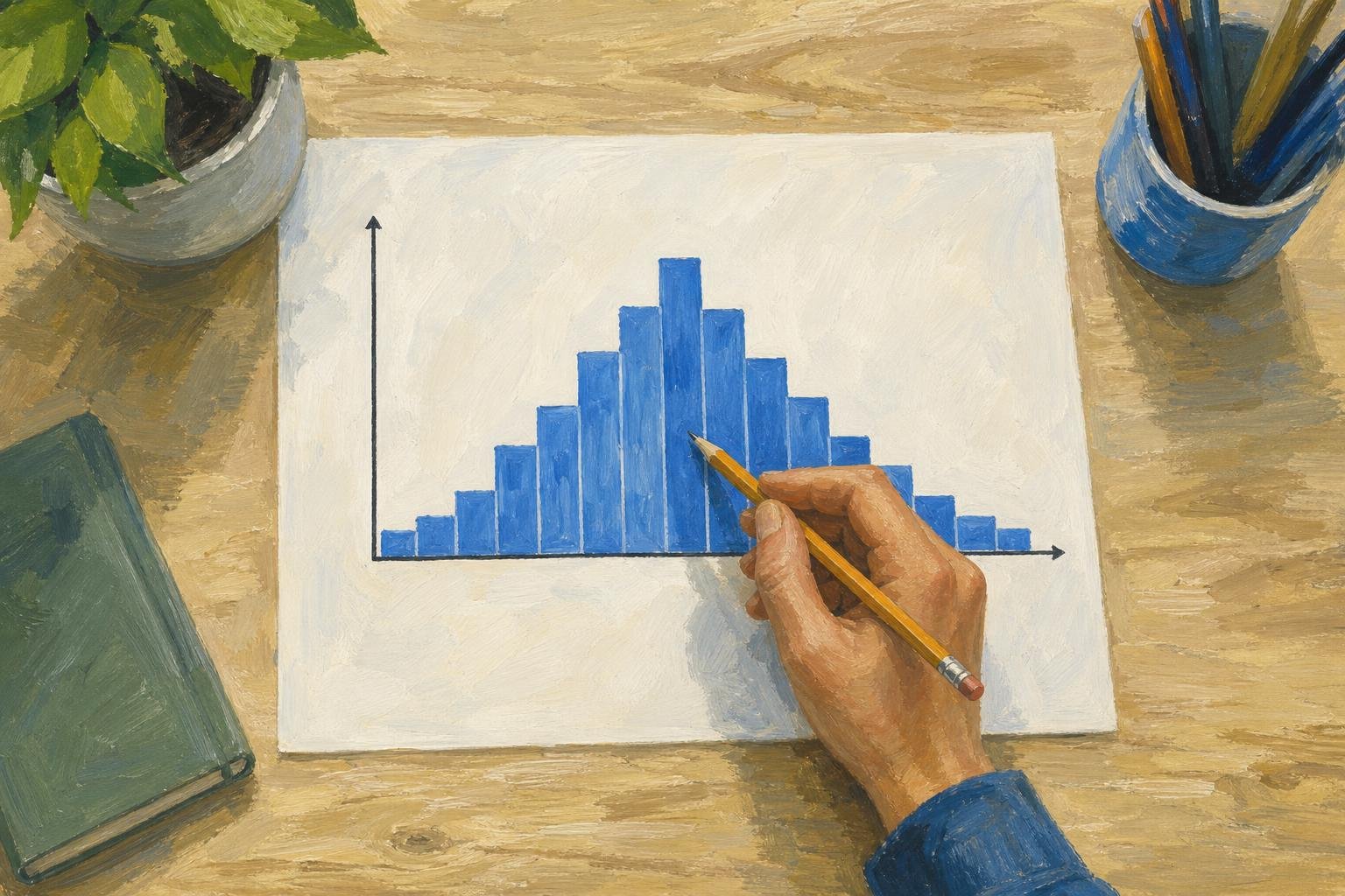 Illustration of a hand holding a pencil over a printed histogram with balanced bars and evenly tapering tails.