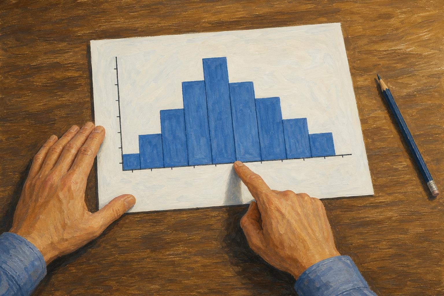 Illustration of hands studying a printed histogram, with one finger pointing to the boundary between adjoining bars.